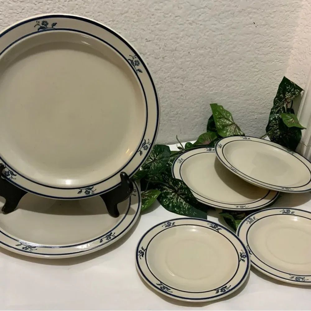 Set 3 BRICK OVEN Stoneware Scandia Blue 1 Dinner 1 salad 1 desert  pla…